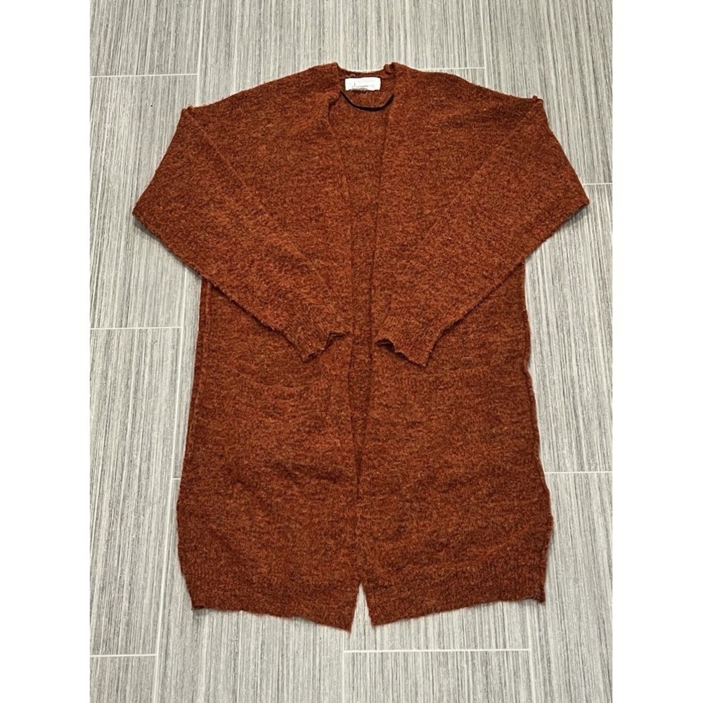 Anthropologie Knit Cardigan Sweater Rust Orange Open Duster Fuzzy Boho Cottage S